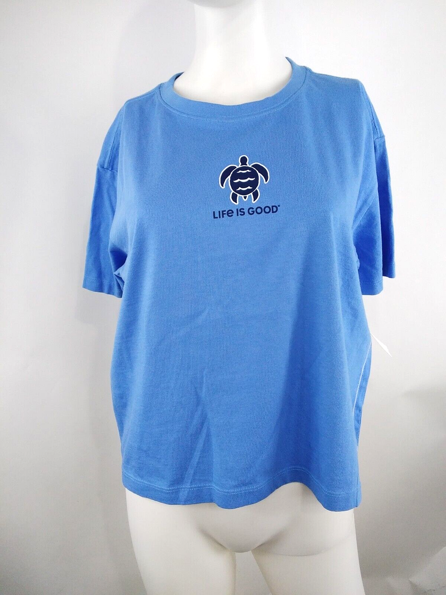 Life is Good Women Short Sleeve Boxy Crusher Tee Wave Turtle Blue