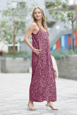 Maxi elegant boho French Terry Dress with Pockets, S,M,L,XL, Cranberry  Leopard | eBay