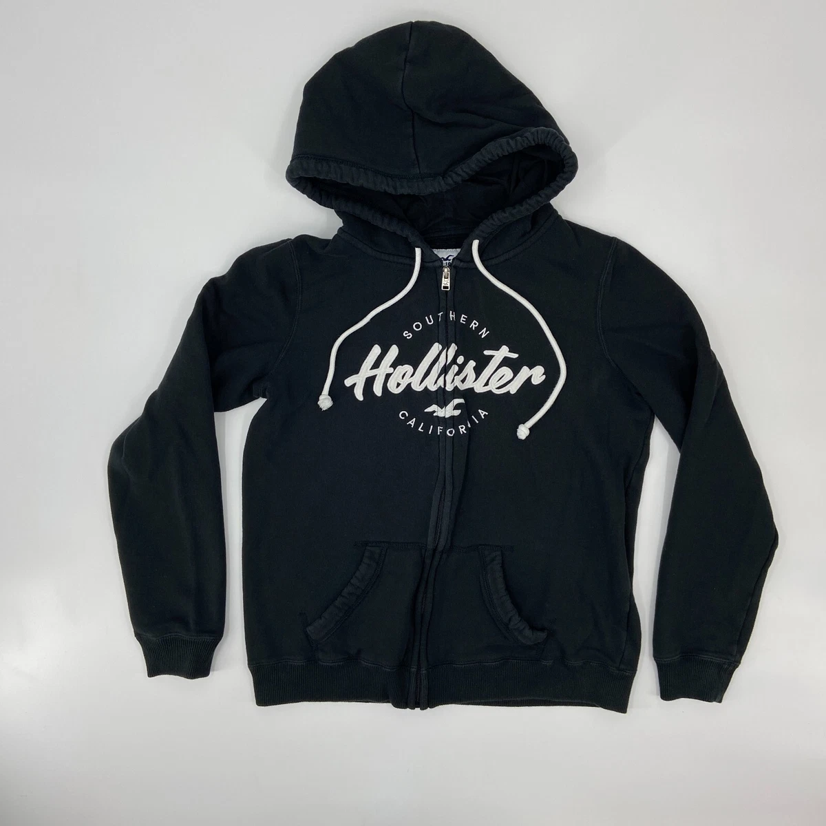 Hollister Sweater Womens Medium Black White Spell Out Full Zip