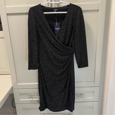 NWT CHAPS Black Sparkle Dress Women's Size 10 Side Ruched Waist