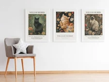 Set of 3 Vintage William Morris Cat Cotton Prints Exhibition Botanical Posters