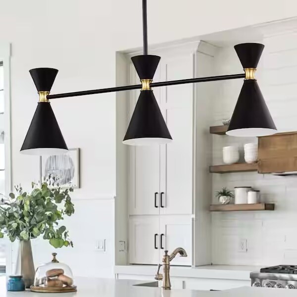 3Light Black Island Pendant Light fixture with Brass Accents modern