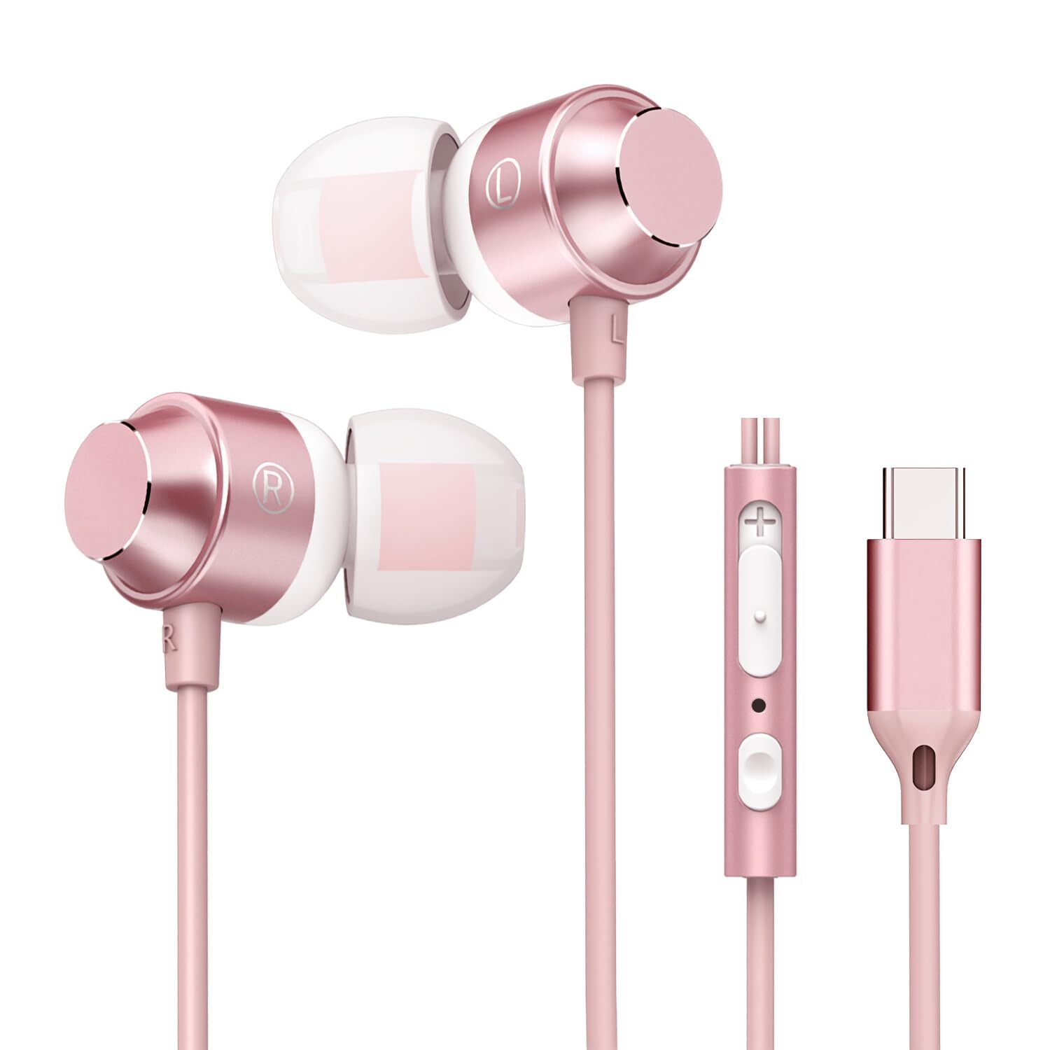 Rose Gold USB-C Wired Earbuds with Stereo Bass Pink In-Ear Headphones
