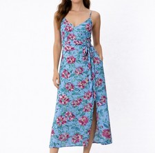 Abito midi ZARA blu floreale avvolgente donna XS rosa verde cravatta vita estate