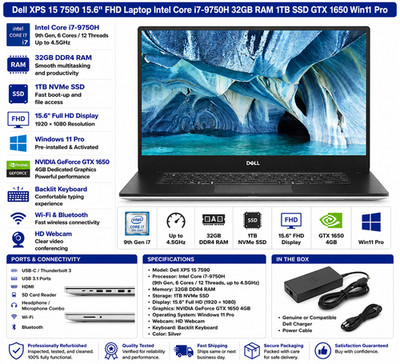 Dell XPS 15 7590 15.6'' FHD  Intel Core i7-9750H 32GB RAM 1TB GTX 1650 Win11 Pro
