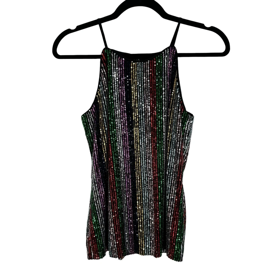 Топ женский INC International Concepts разноцветный с блестками в полоску без рукавов маленький - Изображение 2 из 4