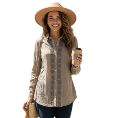 LoveStitch Women's Lg Shirt Button Up Embroidered Wrinkled Effect Boho Hipster