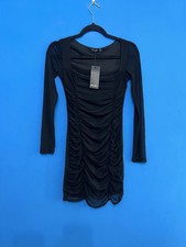 Nasty Gal Black Ruched Front Square Neck Mesh Lined Mini Bodycon Dress UK 4 New