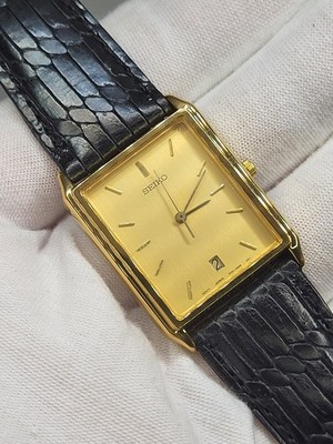 Serviced [ MINT ] 1980s Seiko Tank Watch Mens 26mm Gold Dial Gold