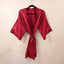 Raspberry Satin Wrap Robe Kimono Sleeves Knee Length Belt NWOT