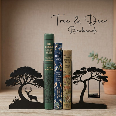 Tree & Deer Bookends   Woodland Forest Decor   Matte Black PLA   Shelf Decor