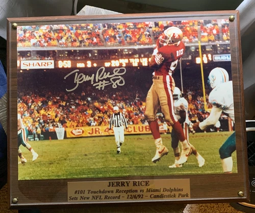 Jerry Rice signed 15 1/2x 12 1/2 plaque 101 TD catch w COA PIC is 12.5 x 9