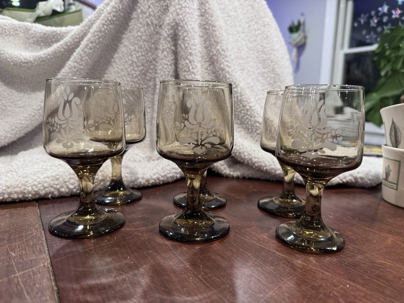 Pfaltzgraff Village Etched Wine Glasses + Water Goblets Amber Brown DISCONTINUED