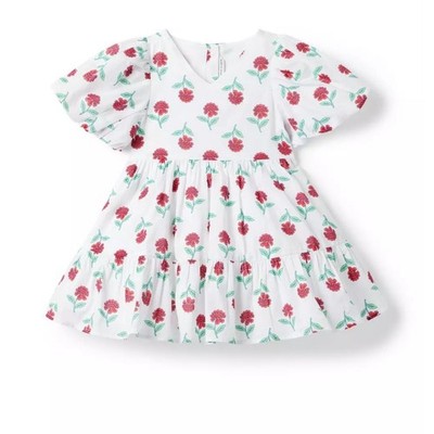 Janie and Jack Floral Bubble Sleeve Dress Girls 2T 100% Cotton V-Neck Ruffle Hem