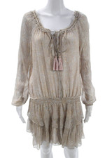 Love Shack Fancy Women Beige Silk Blouson Dress Long Sleeve Scoop Neck Size L