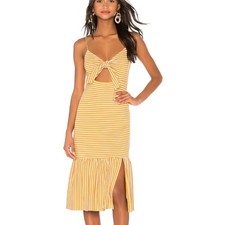 Saylor Mustard White Striped Midi Slip Dress XL Bodycon Vacation Bow Pinup $200