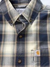 Mens Med Carhartt Relaxed Fit Plaid Button Down Shirt Blue/Tan 100 Cotton EUC