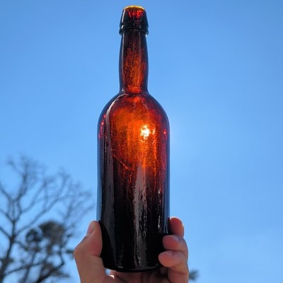 Antique 1860s Red Puce Amber Stoddard Beer Bottle Pint Size Crude Gorgeous!