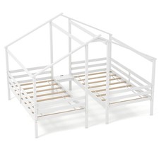 Double Twin Size Bed Frames for Kids with Built-in Table  USB Port Guardrails