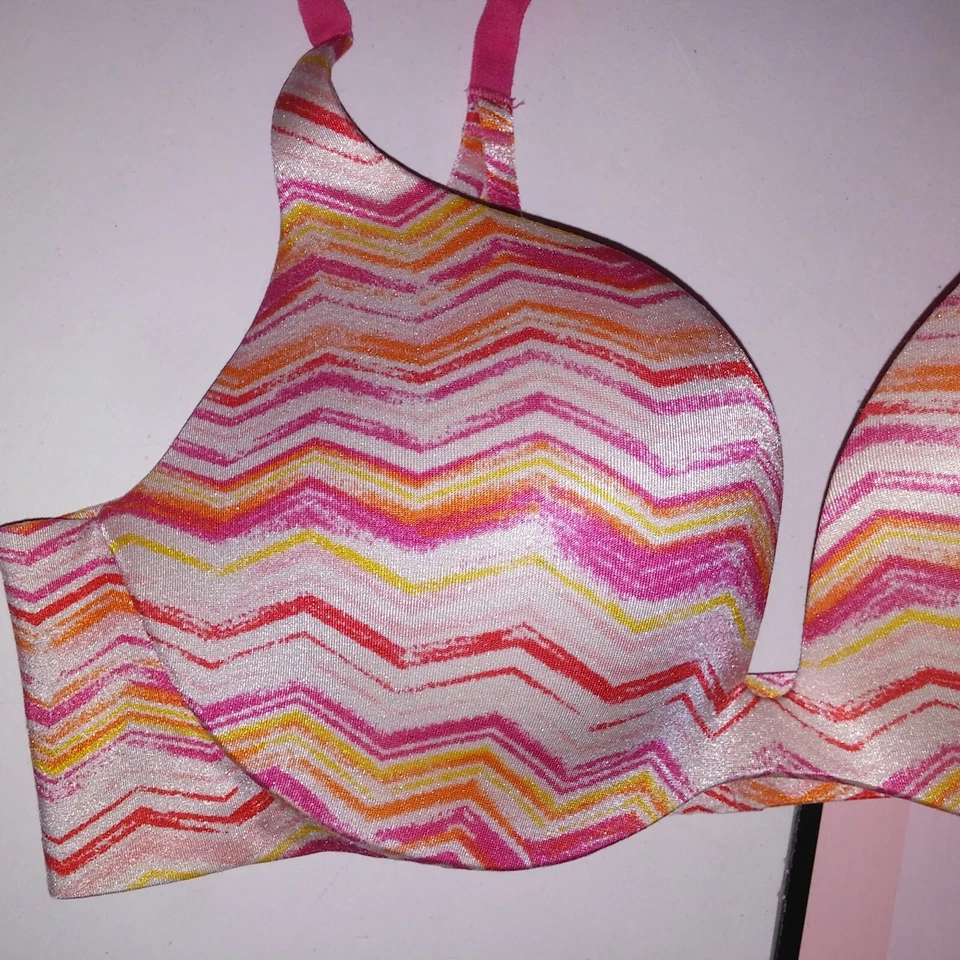 Бюстгальтер Victoria Secret 32B пуш-ап оранжевый розовый полоски на косточках 2011 коллекции - Изображение 2 из 4