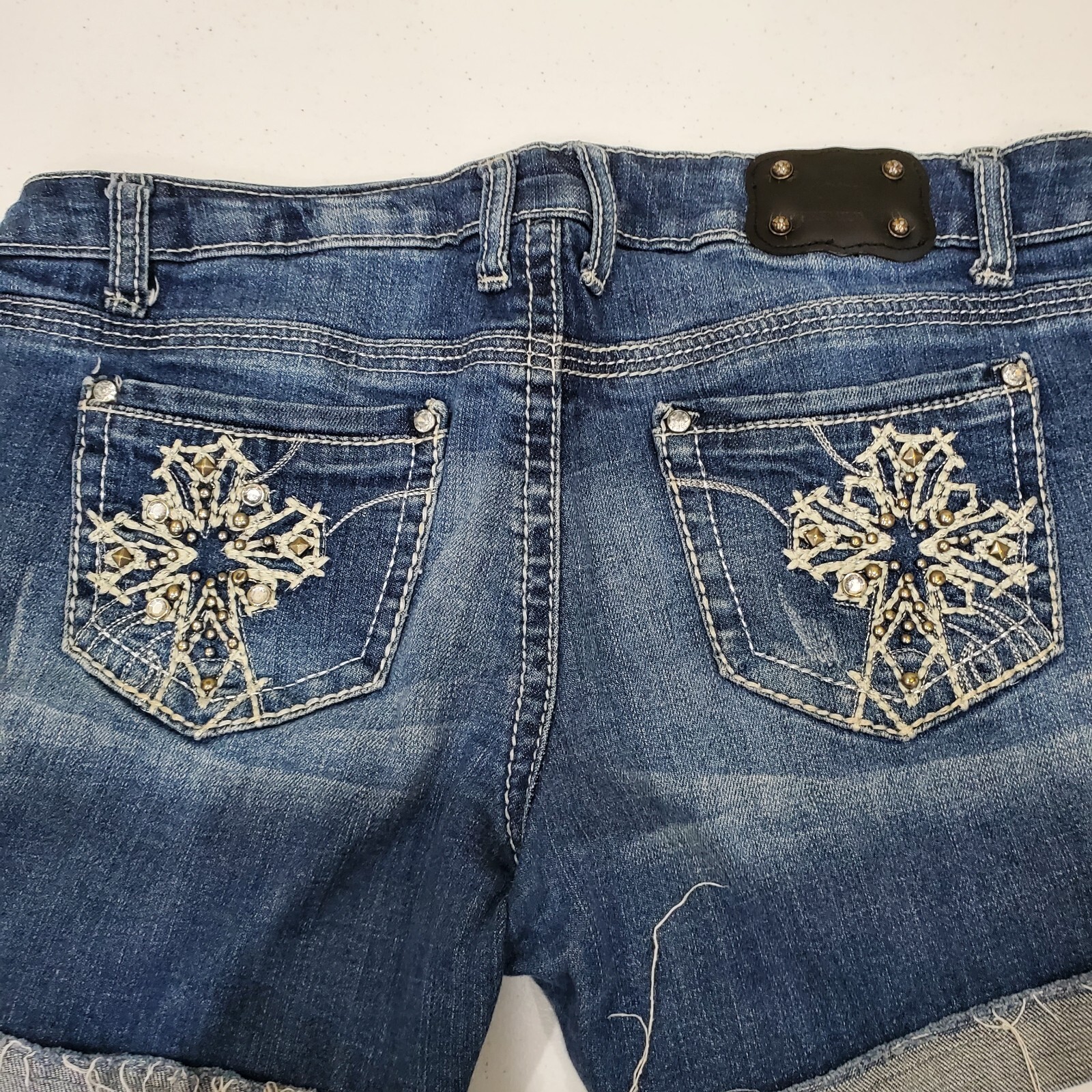 Women's Blue Denim Vanity Shorts Size 29 with Dakota Embroidery & Rhinestones-image
