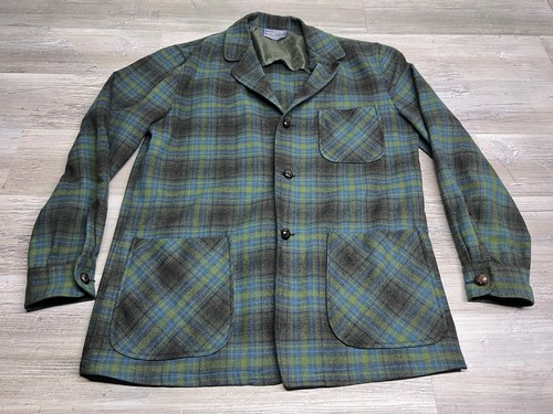 Vintage Pendleton Plaid Green Wool Mens Mackinaw Shirt Jacket Button Up Size M