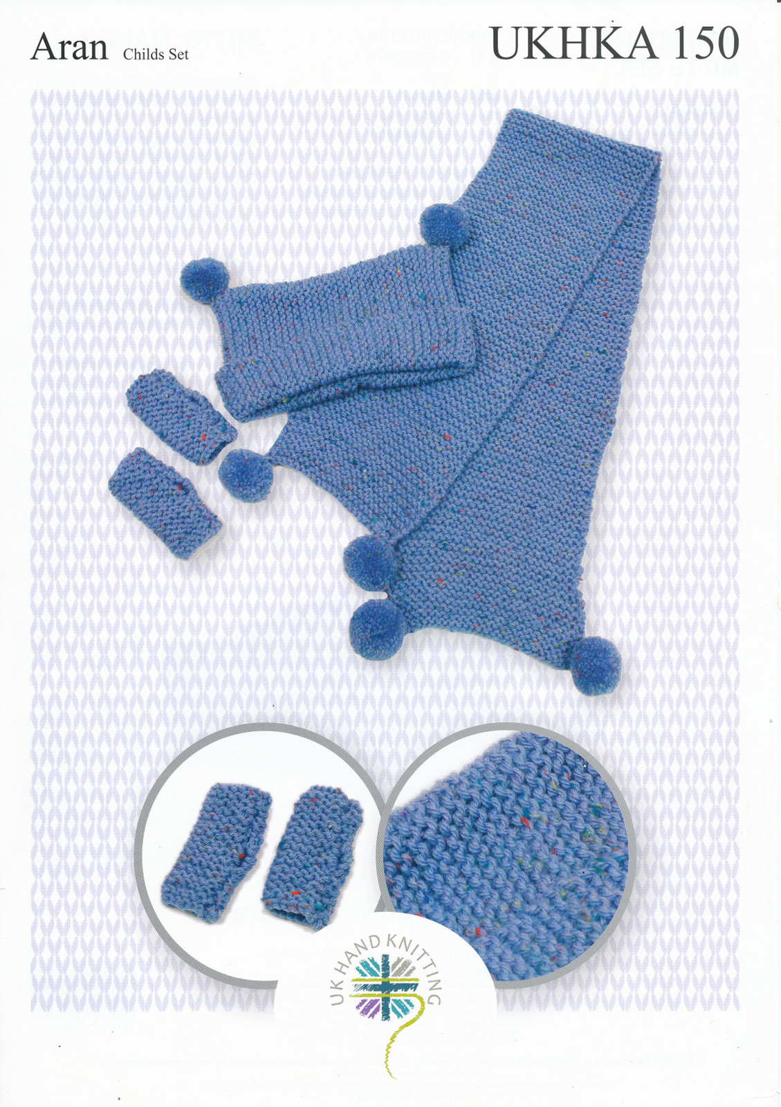Childrens Aran Pom Pom Hat Scarf & Mittens Gloves Set Knitting Pattern UKHKA 150