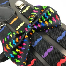 Rainbow Mustache Bow Tie & Suspender Wedding Set Tuxedo Party Accessories 