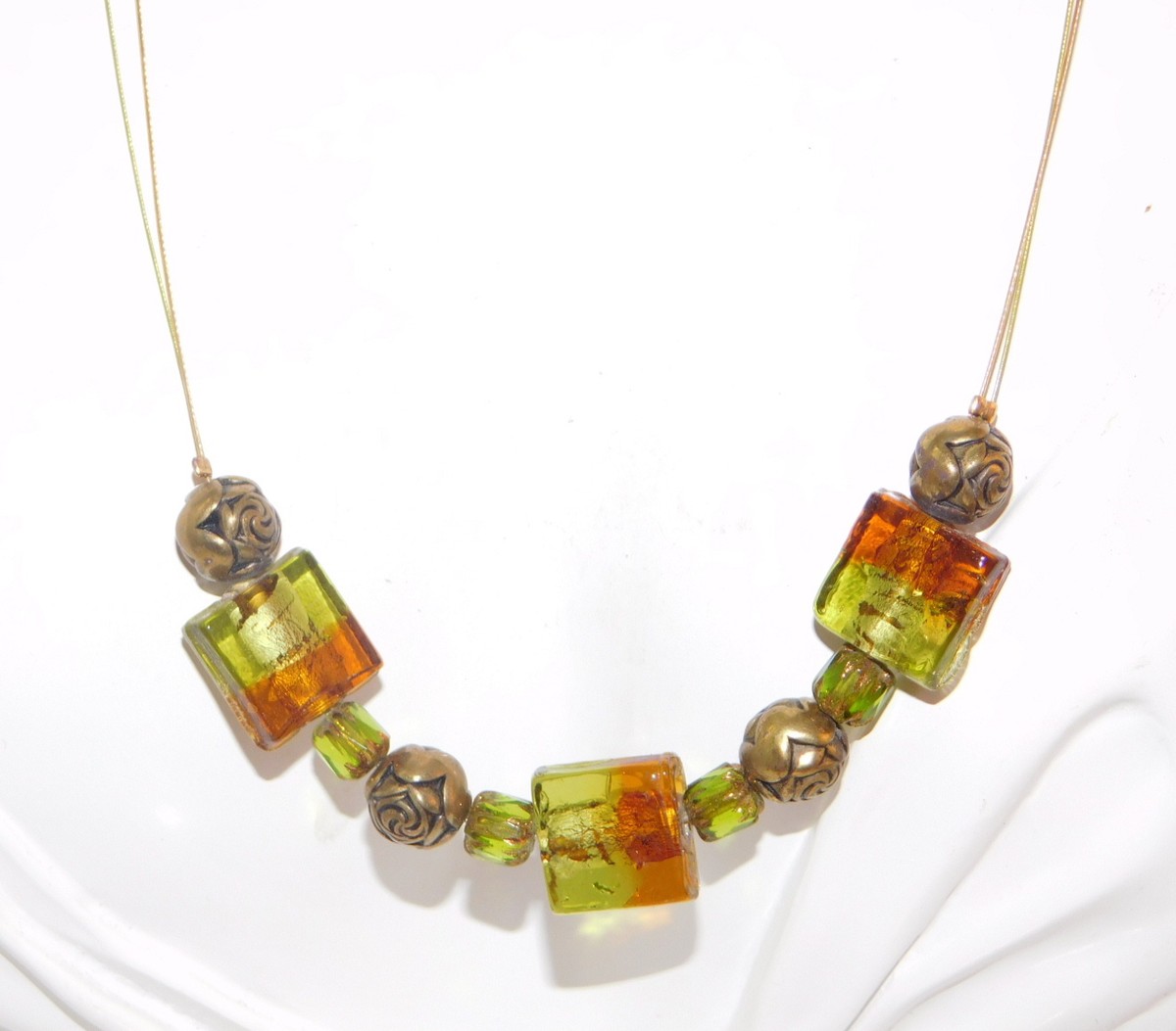 Vintage Amber and Gold  Tone Wire Necklace Havana Vintage Gold Necklace in Marbled Amber Illusion  main image 2