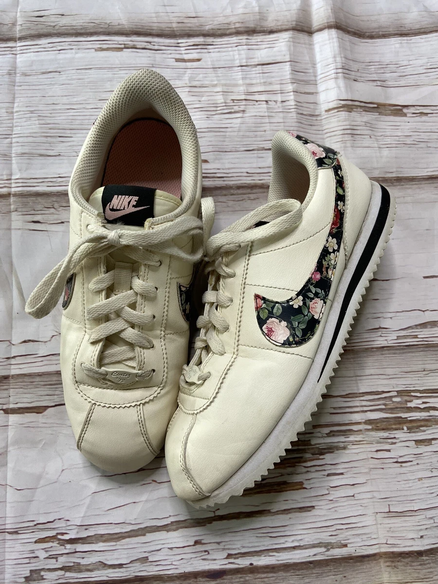 NIKE CORTEZ BASIC FLORAL Size 6.5 Y/ WOMENS 8 White Flowers Pink Black