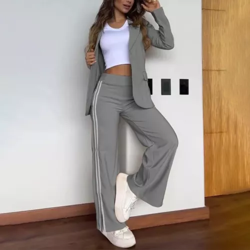 Damen Hosenanzug Freizeitanzug Blazermantel Weites Bein Hose Outfit Business Set - Bild 4 von 18