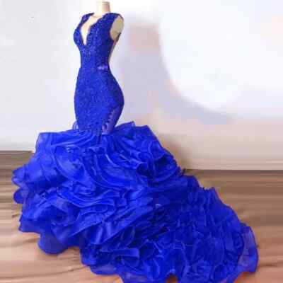 chinese dress ladies Elegant Ocean Blue Mermaid Tulle Ruffle Formal Dresses Long With Beads   Newinlook