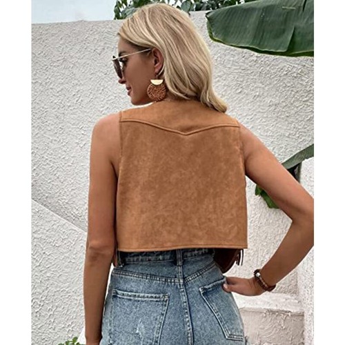 Women s Fringe Faux Suedes Vest Hippie Sleeveless Tassels Cardigan Jackets - Picture 5 of 18