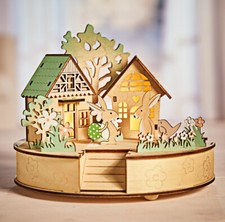 LED Osterhasen Haus mit Deko beleuchtet warmweiss 20cm Ostern Hasen Figuren Holz