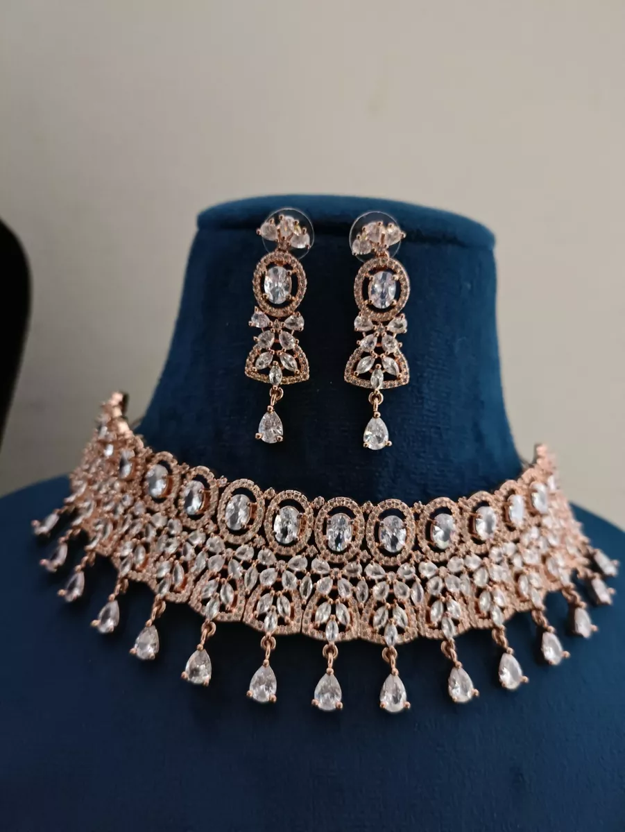 Gold CZ Choker Necklace American Diamond Set Indian Bridal Choker Diamond Set