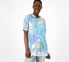 LOGO by Lori Goldstein Lounge Printed French Shirt Blissful Blue XXS New