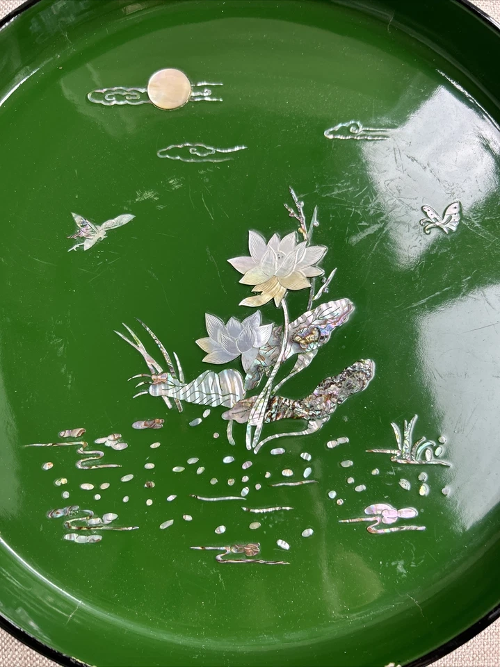 Bandeja oriental vintage negra y verde con incrustación de nácar 12,5" de ancho x 1,25" de alto Foto 2 de 4