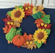 Bucilla Harvest Time Wreath Felt Fall Beautiful W: Pumpkins Sunflowers *Finished