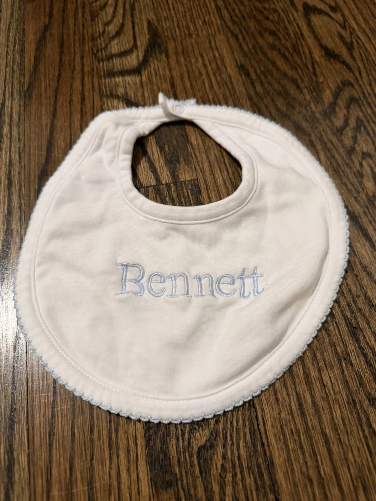 Kissy kissy white baby bib blue embroidered "Bennett" Pima cotton EUC