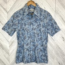 Vintage 70's K-Mart Polyester Shirt Mens Size Large Blue Floral Groovy Disco