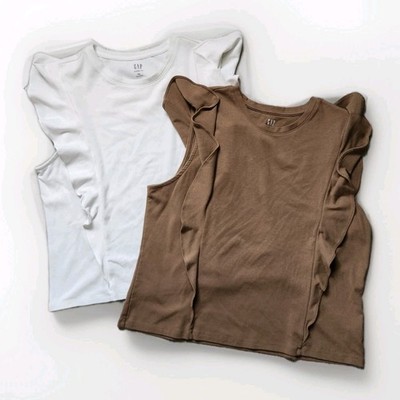 NWOT GAP Modern Tee Shirts White Brown Short Ruffle Sleeves Lot Of 2 Sz XXL 
