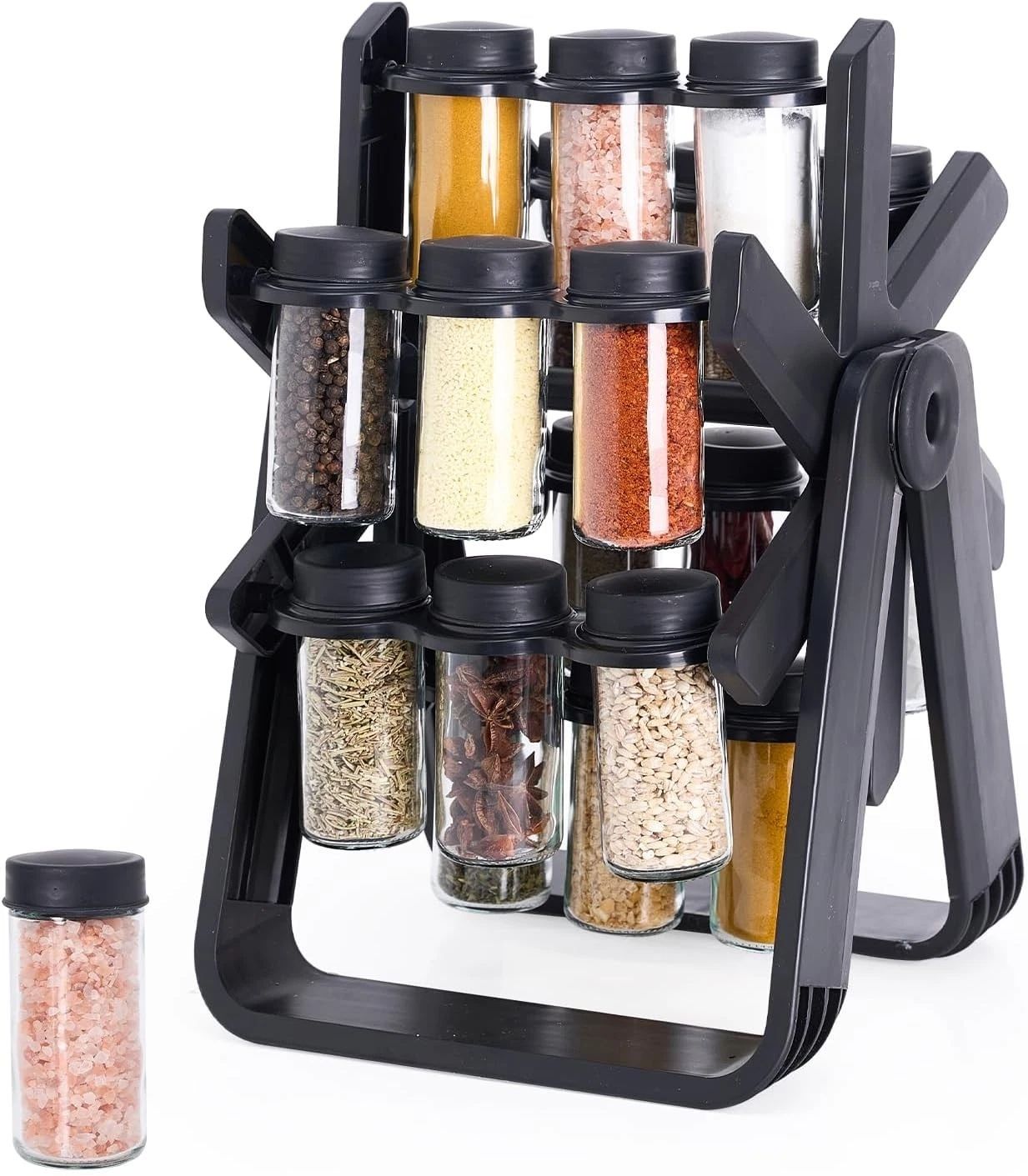Rotating Spice Rack Organiser with 18 Glass Jars Black 360°