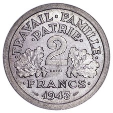 Frankreich 2 Francs 1943 ESSAI Francisque UNC Aluminium M&uuml;nze Franz&ouml;sische