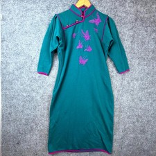 Vintage Jenny Lewis Cheongsam House Dress Womens 3 Teal Green Butterfly Robe