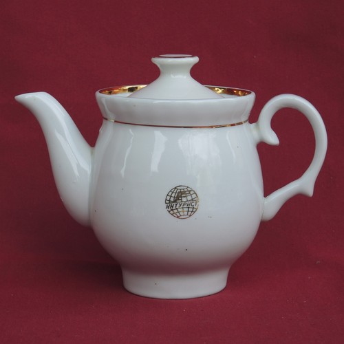 Old Big USSR Tea POT Emblem INTOURIST GLOBE Vintage Soviet Agitation PORCELAIN