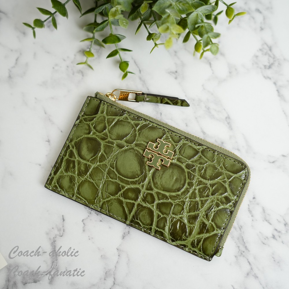 Tory Burch Britten Embossed Croc Leather Zip Card Case in Soft Ivy