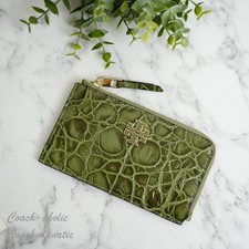 Tory Burch Britten Embossed Croc Leather Zip Card Case in Soft Ivy NWT