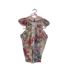VTG 90s Romper Jumpsuit Baby 24 Months Floral Pink Striped Collar USA Retro Boho