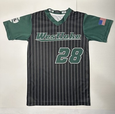 Champro Youth Medium Baseball Jersey Westlake #28 Freiman Black Green Pinstripe