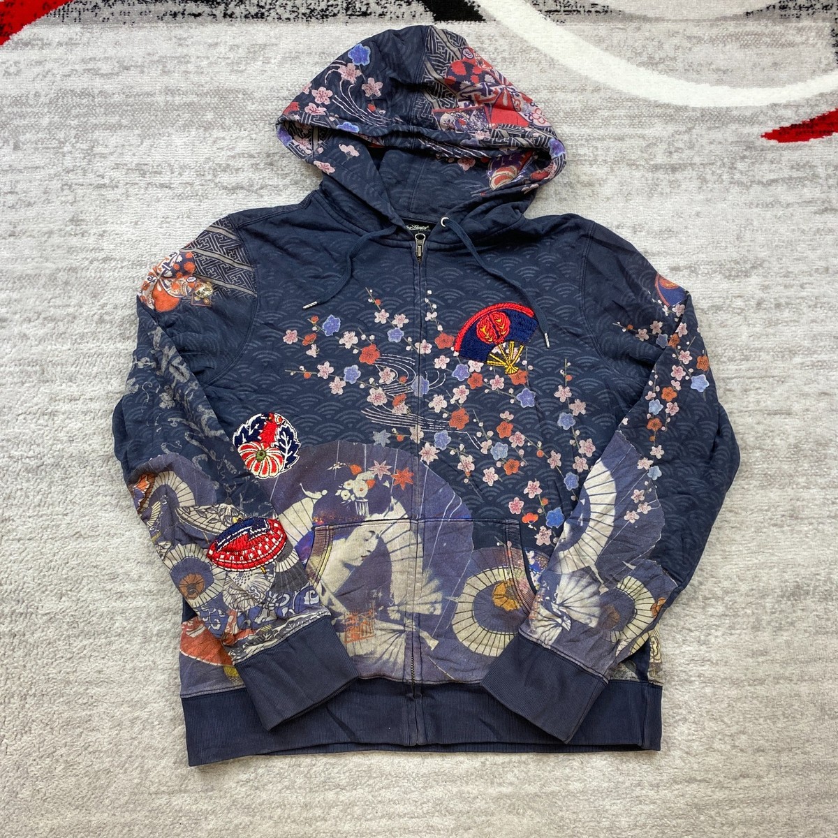 Lucky Brand Japanese Geisha Full Zip Hoodie Sweater Ladies XL Blue
